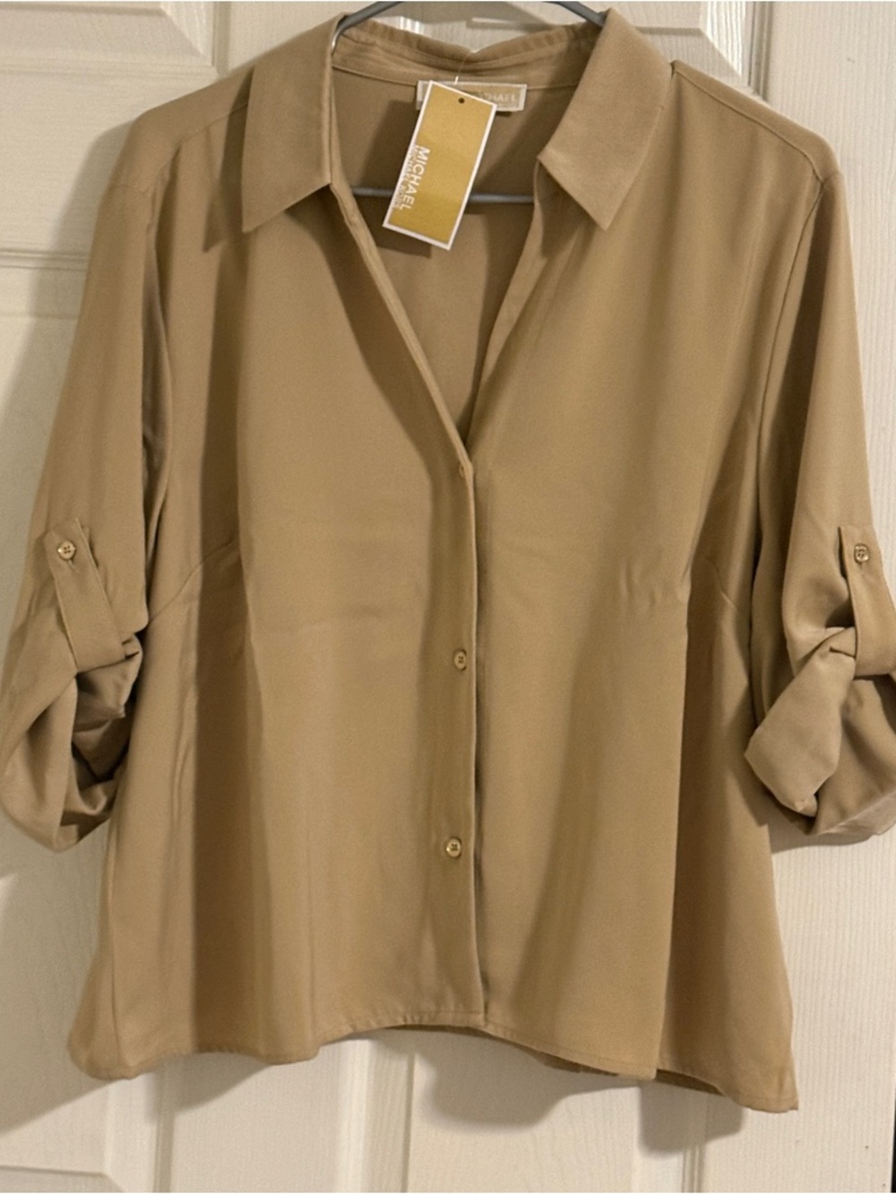 MICHAEL Michael Kors Beige Button-Front Roll-Sleeve Blouse